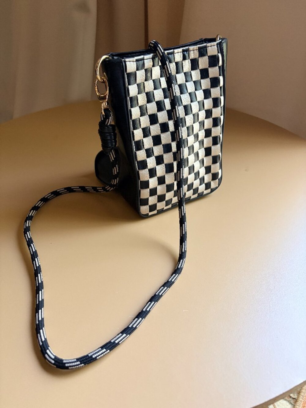 Universal Thread Black & Ivory Checkerboard Crossbody Bag with Nylon Rope Strap
